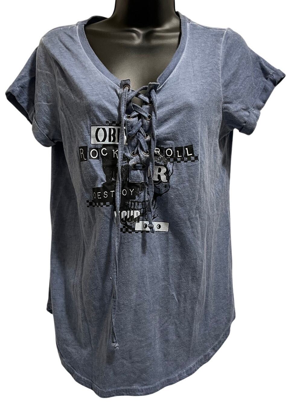Almost Famous Blue Graphic T-Shirt - Tie Front - Size Large